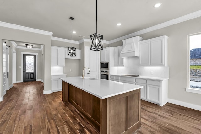 kitchen featuring white cabinetry, sink, an island with sink, custom range hood, and appliances with stainless steel finishes