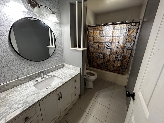 full bathroom with tile patterned flooring, vanity, toilet, and shower / bath combination with curtain