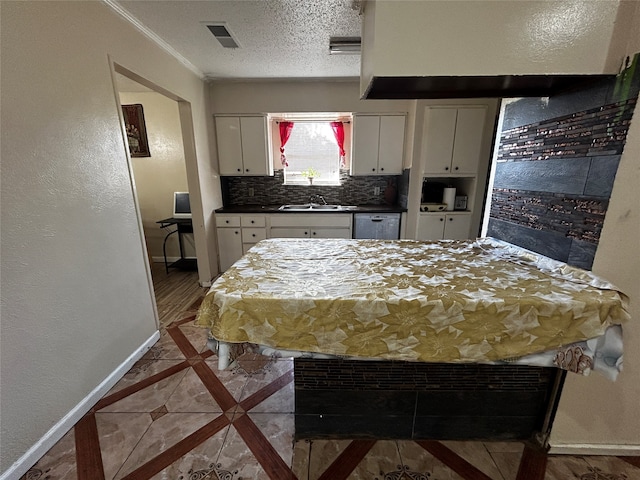 interior space with sink, ornamental molding, tasteful backsplash, a textured ceiling, and white cabinetry