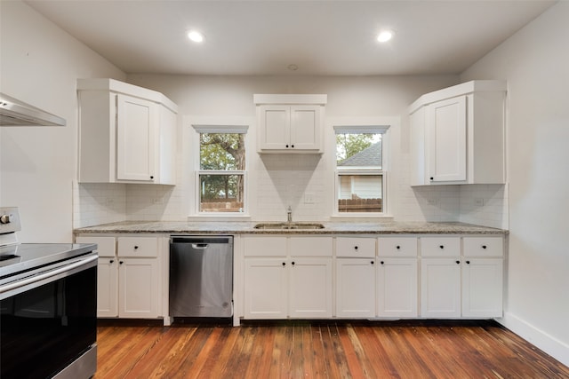 kitchen featuring a wealth of natural light, white cabinets, dark hardwood / wood-style floors, and stainless steel appliances