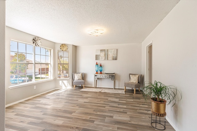 living area with a textured ceiling and hardwood / wood-style flooring