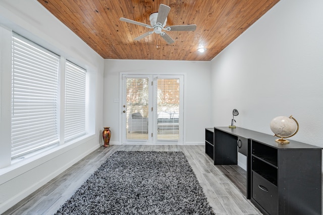 sitting room with light wood-type flooring, ceiling fan, wooden ceiling, and built in desk