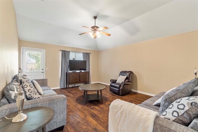 living room with vaulted ceiling, dark wood-type flooring, and ceiling fan