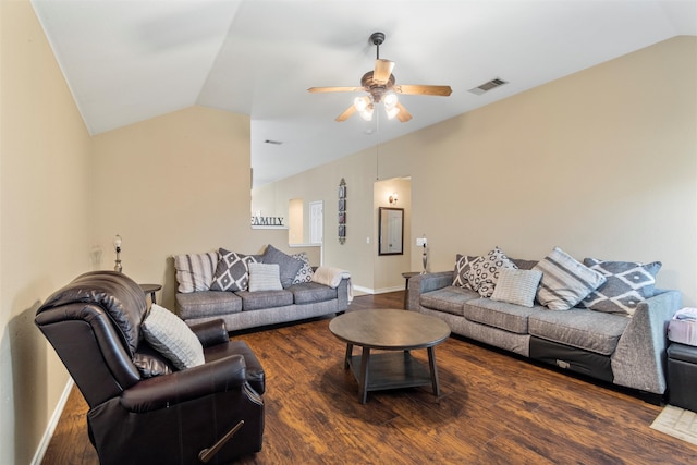 living room featuring vaulted ceiling, ceiling fan, and dark hardwood / wood-style floors