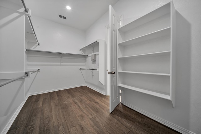 spacious closet featuring dark hardwood / wood-style floors