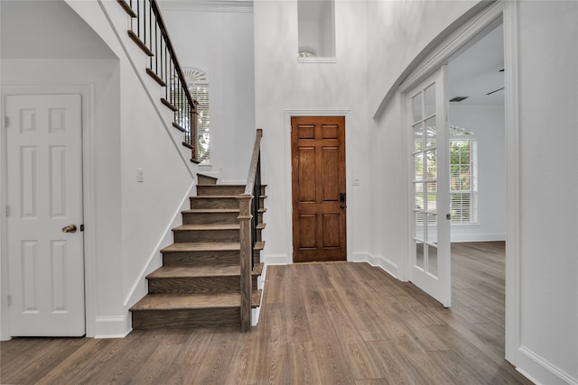 entryway with hardwood / wood-style flooring and a towering ceiling