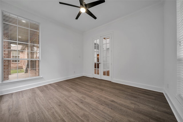 unfurnished room featuring ornamental molding, hardwood / wood-style floors, ceiling fan, and french doors