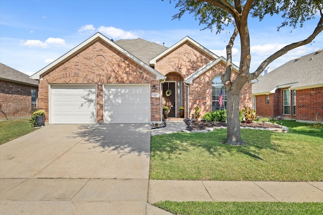 view of front of house with a front lawn and a garage