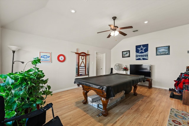 playroom with ceiling fan, light wood-type flooring, pool table, and lofted ceiling