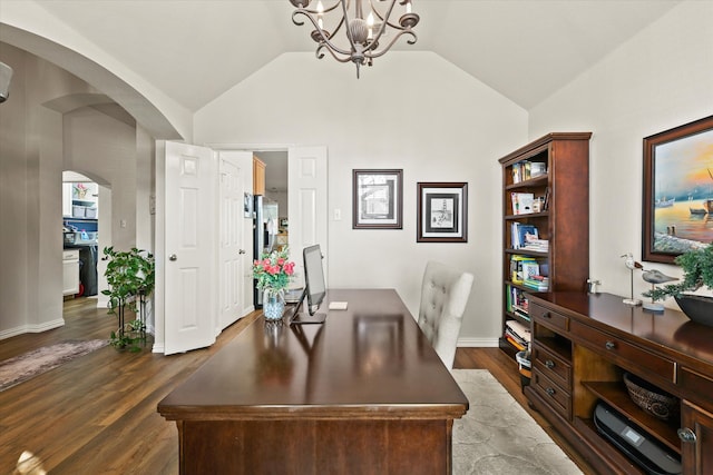 office featuring a notable chandelier, lofted ceiling, and dark hardwood / wood-style floors