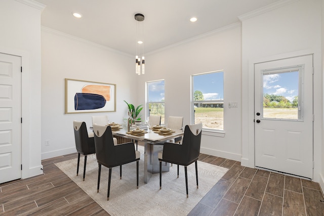 dining area with ornamental molding and dark hardwood / wood-style flooring