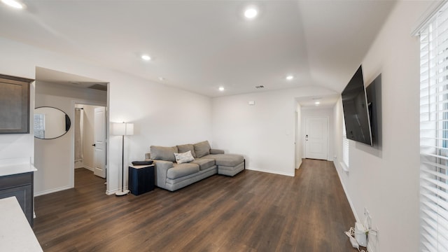 living room featuring dark wood-type flooring