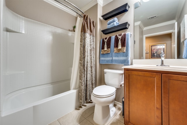 full bathroom featuring shower / bath combo, tile patterned flooring, crown molding, vanity, and toilet