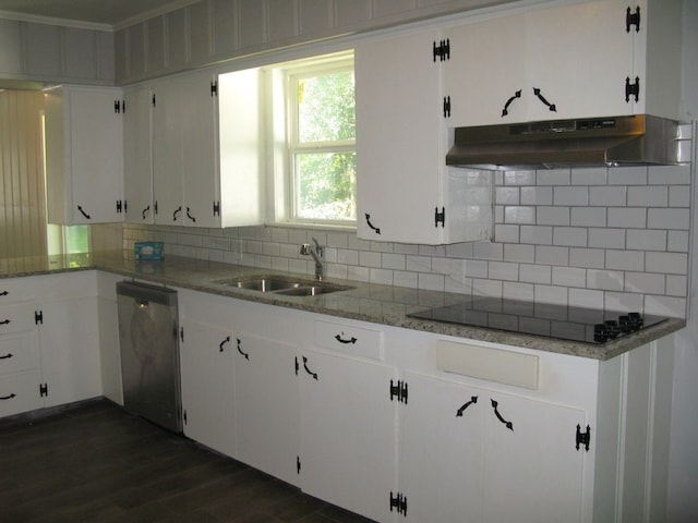 kitchen with dishwasher, sink, white cabinetry, and black electric stovetop