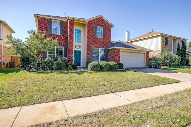 view of front of house with a front lawn, central AC unit, and a garage