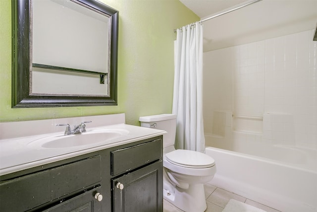 full bathroom with vanity, shower / bath combo with shower curtain, toilet, and tile patterned flooring