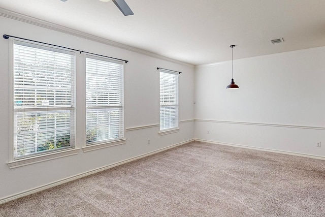 carpeted empty room featuring a healthy amount of sunlight, crown molding, and ceiling fan