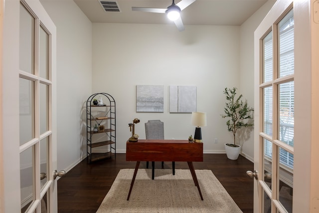 office space featuring ceiling fan, dark hardwood / wood-style floors, and french doors