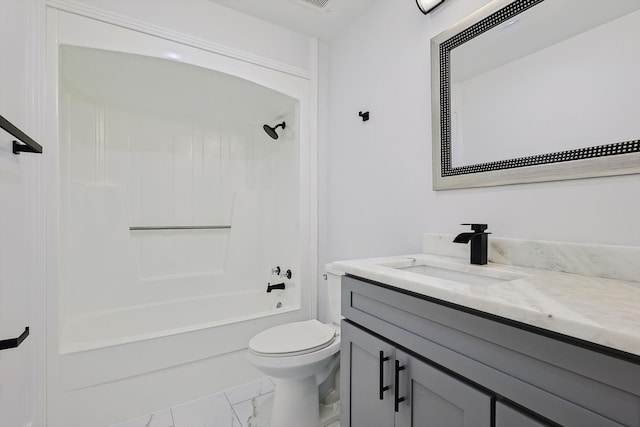 full bathroom with shower / bathing tub combination, vanity, and toilet