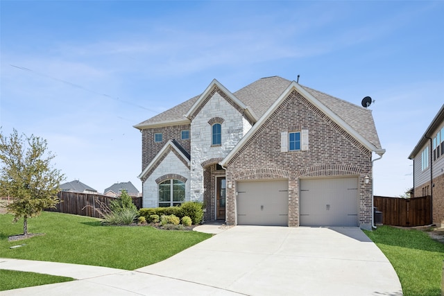 french provincial home with a front yard and a garage