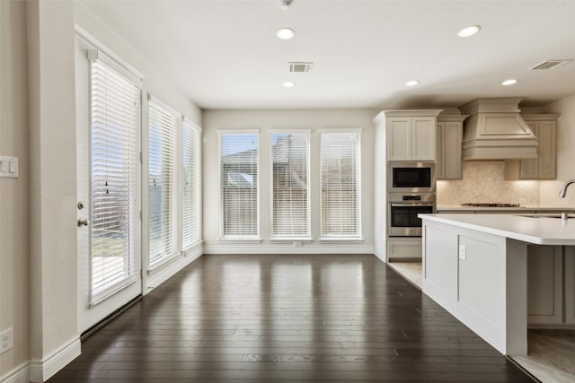 kitchen featuring premium range hood, dark wood-type flooring, stainless steel appliances, and tasteful backsplash