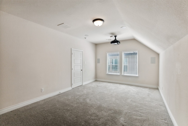 additional living space with a textured ceiling, vaulted ceiling, and light colored carpet