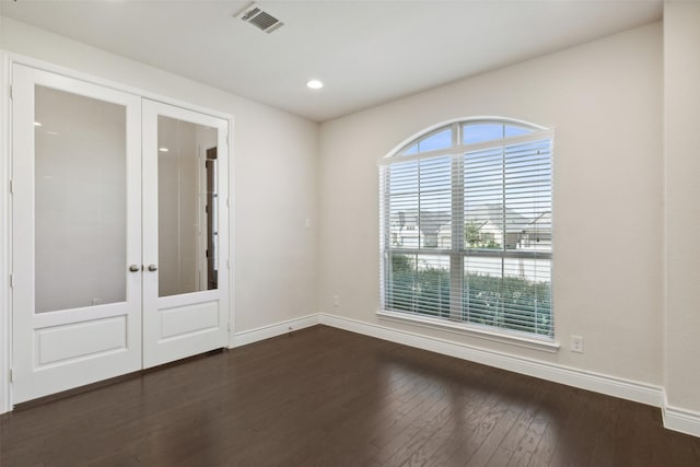 3705 Birch Wood Ct, Northlake, TX 76226 - unfurnished room with french doors, visible vents, baseboards, dark wood-style floors, and recessed lighting