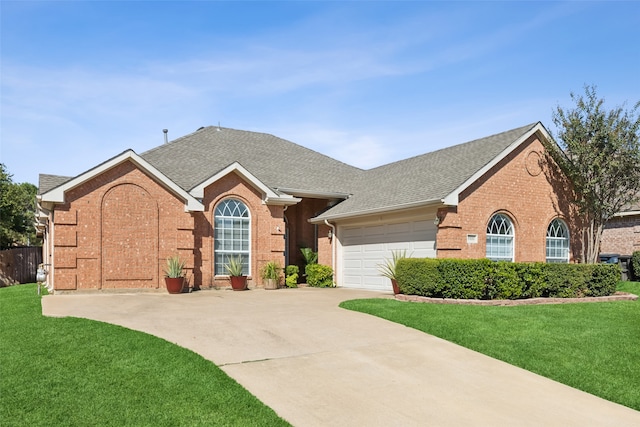 ranch-style house with a garage and a front lawn