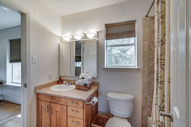 full bathroom with toilet, vanity, shower / bath combo, and a wealth of natural light