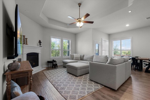 living room with wood-type flooring, a tray ceiling, ceiling fan, and plenty of natural light