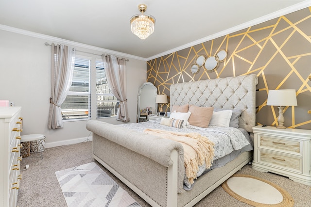 bedroom with ornamental molding and carpet