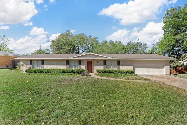 single story home featuring a front yard and a garage