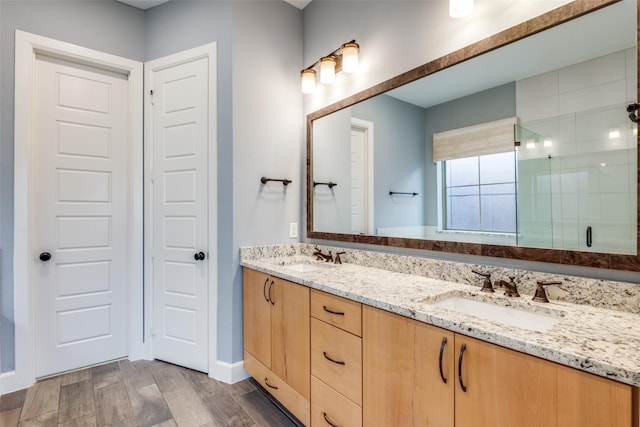 bathroom featuring vanity and a shower with door