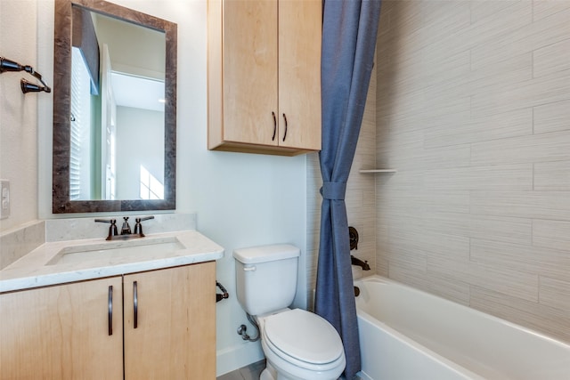 full bathroom with toilet, shower / bath combination with curtain, and vanity