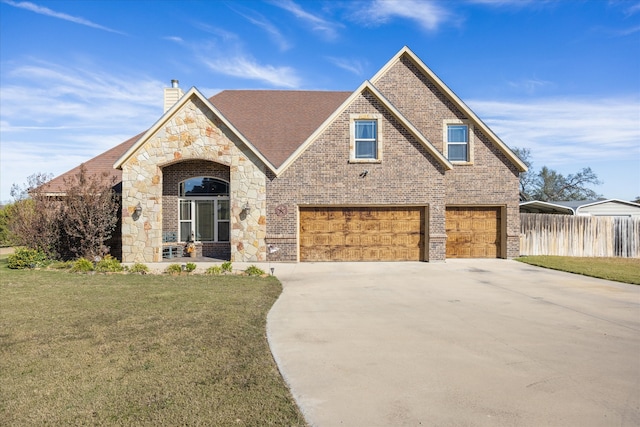 view of front of home featuring a front yard and a garage