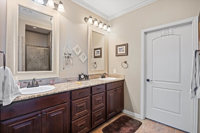 bathroom featuring tile patterned flooring, a shower, vanity, and crown molding