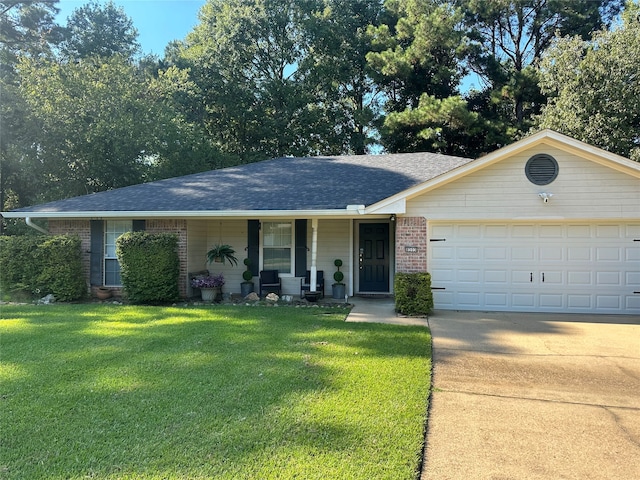 single story home featuring a front lawn, a porch, and a garage