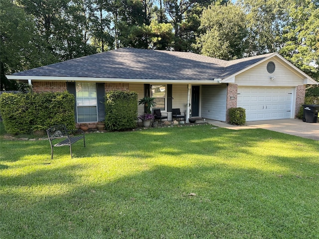 ranch-style home with a front yard, a garage, and a porch