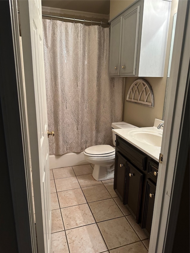 full bathroom featuring shower / tub combo with curtain, tile patterned flooring, vanity, and toilet