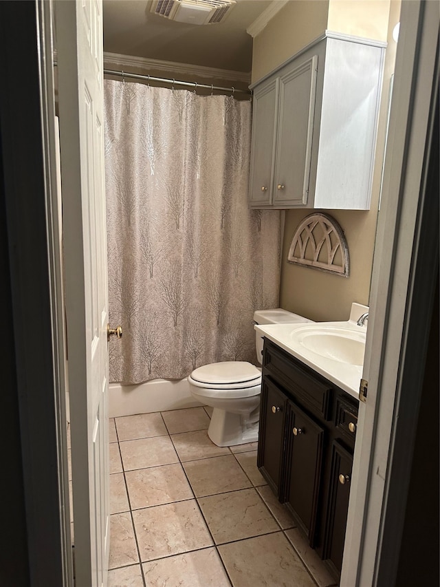 full bathroom with shower / tub combo, vanity, crown molding, toilet, and tile patterned floors