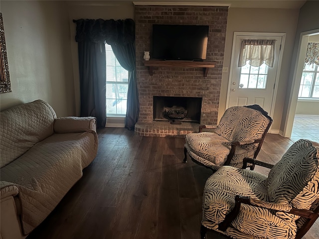 living room with a brick fireplace and wood-type flooring