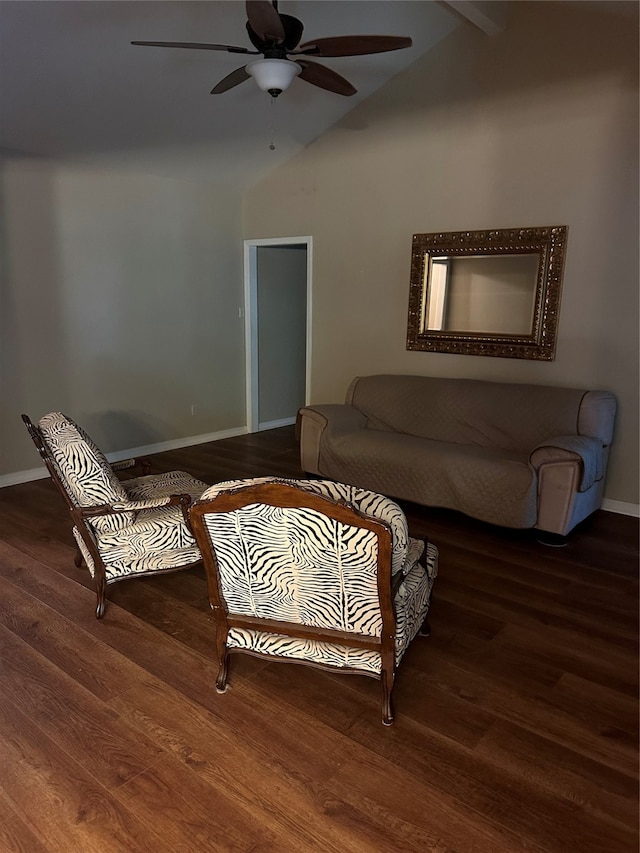 living room with vaulted ceiling, ceiling fan, and hardwood / wood-style floors