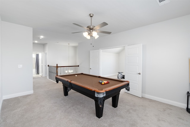 recreation room featuring ceiling fan, light colored carpet, and pool table