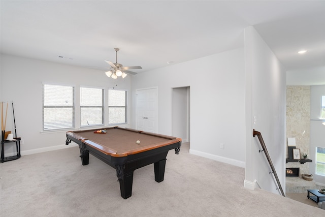 playroom featuring pool table, ceiling fan, and light colored carpet