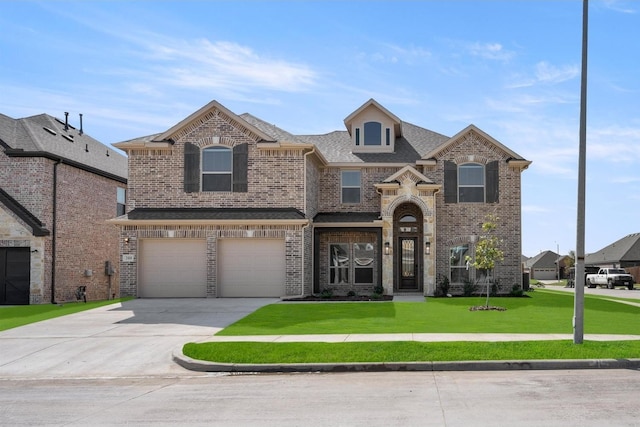 traditional-style house with a garage, brick siding, a front yard, and concrete driveway