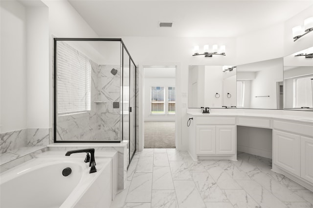 bathroom featuring vanity and plus walk in shower