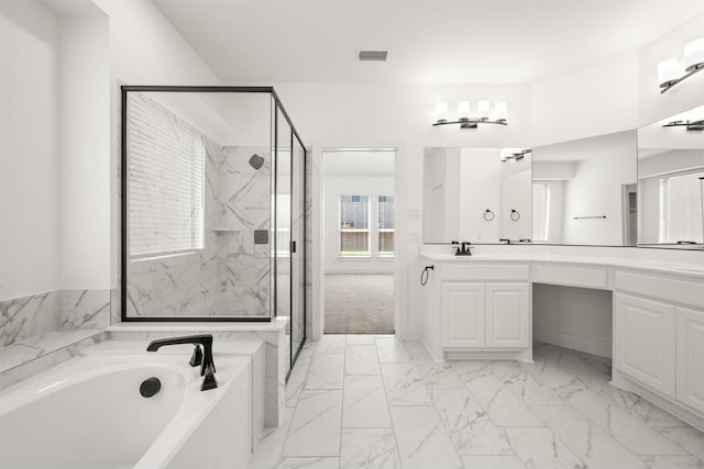 bathroom with a bath, marble finish floor, a marble finish shower, and visible vents