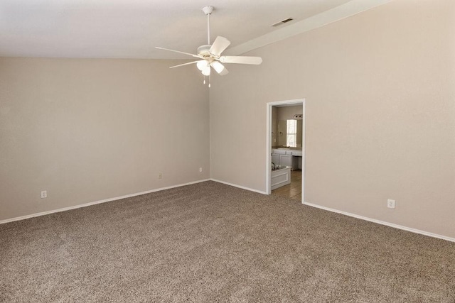 unfurnished room with visible vents, baseboards, carpet flooring, and ceiling fan