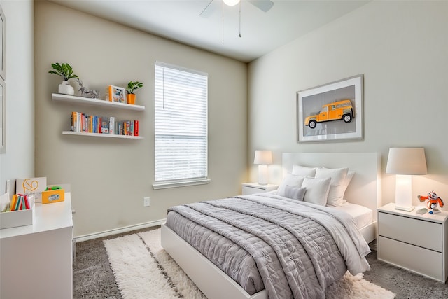 bedroom with dark carpet and ceiling fan