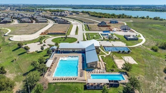 aerial view featuring a water view